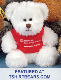 Bears with T-Shirts for corporate giveaways and school fundraising programs. Promotional teddy bears with printed shirts.